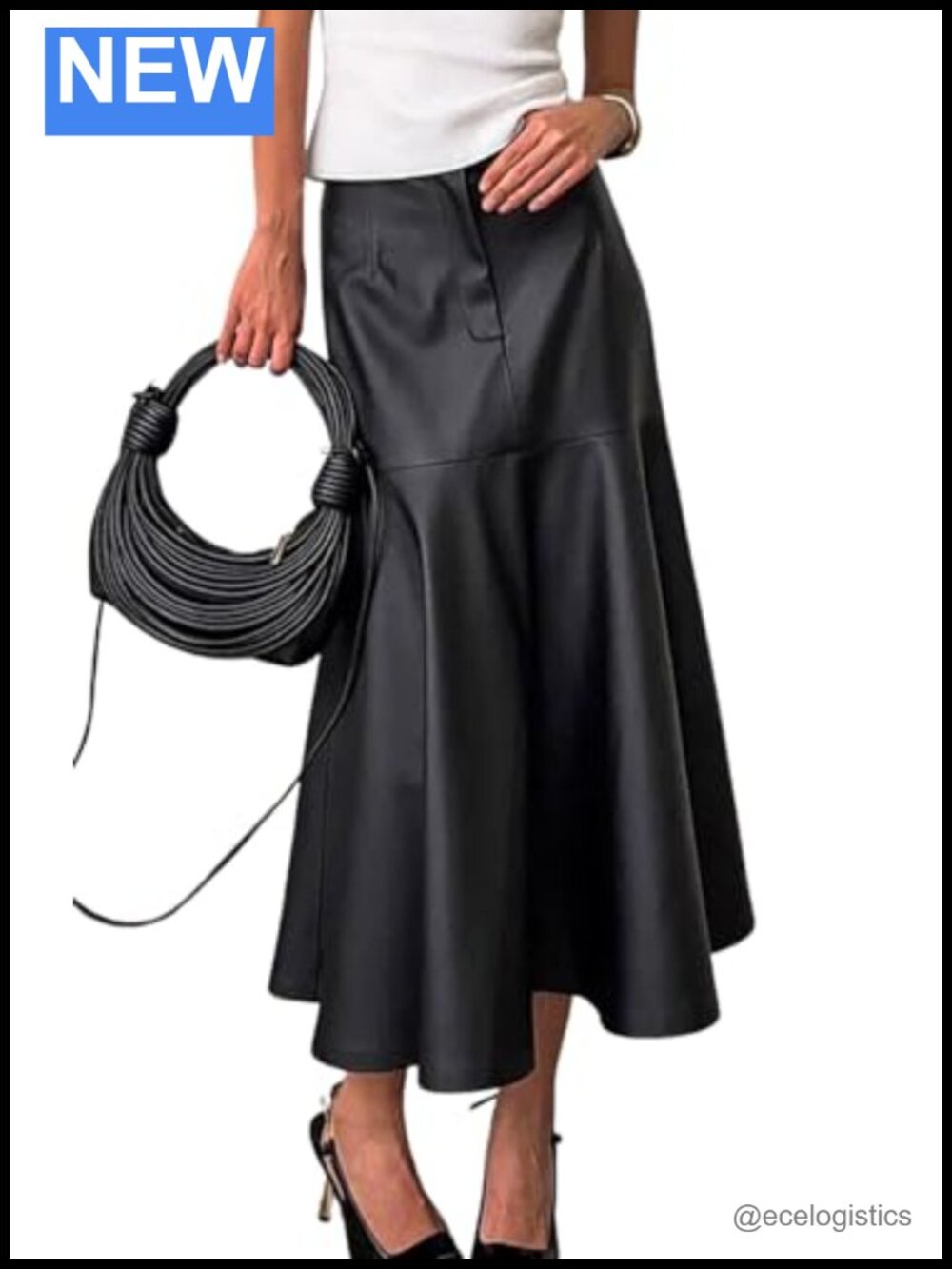 Women A-Line Pleated Midi Long Faux Leather Skirt High Rise